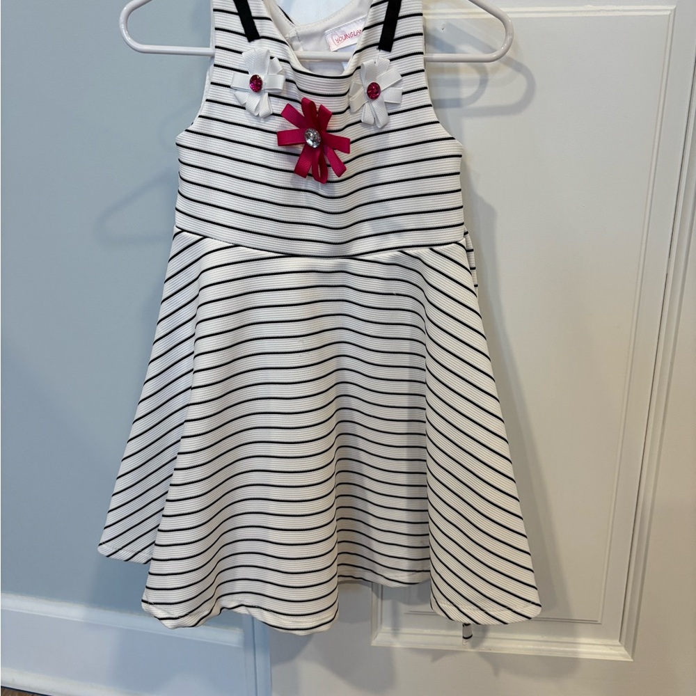 Youngland Black and White Striped Dress with Pink Flower